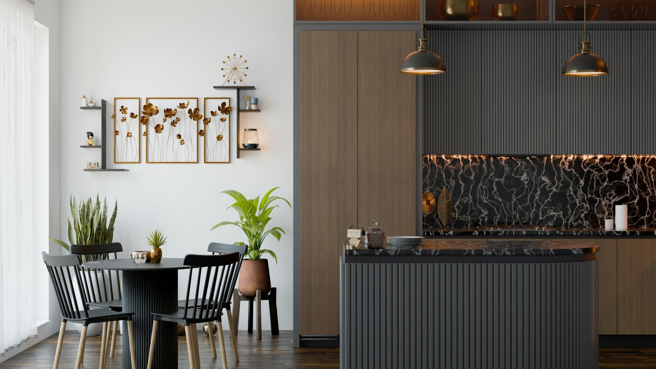 Contemporary kitchen with timber cabinetry and dining table