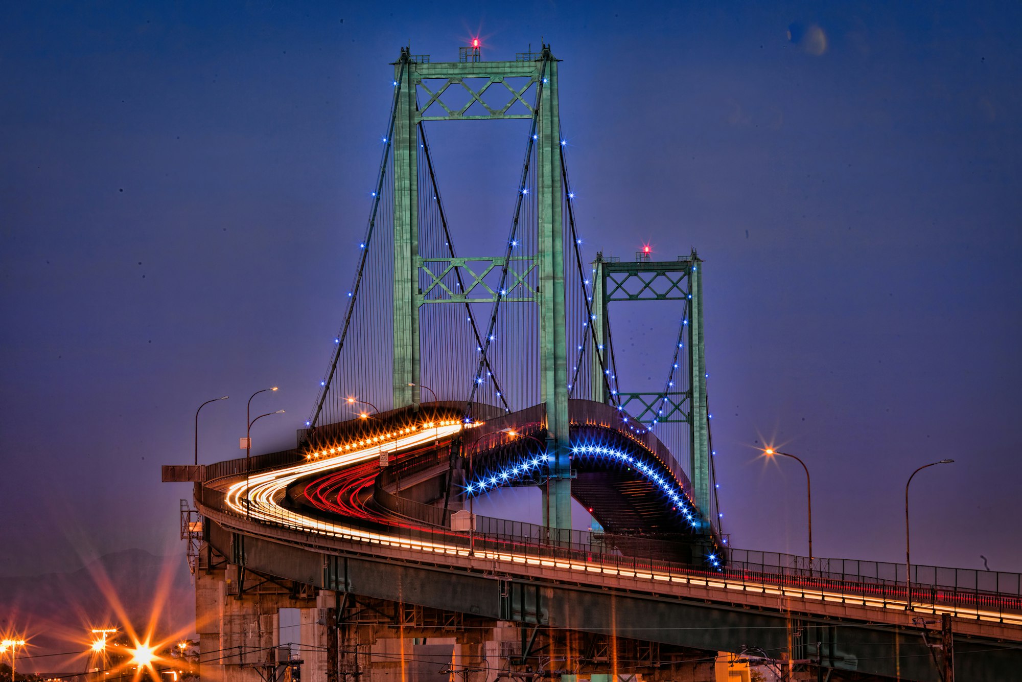Bridge lit up at night
