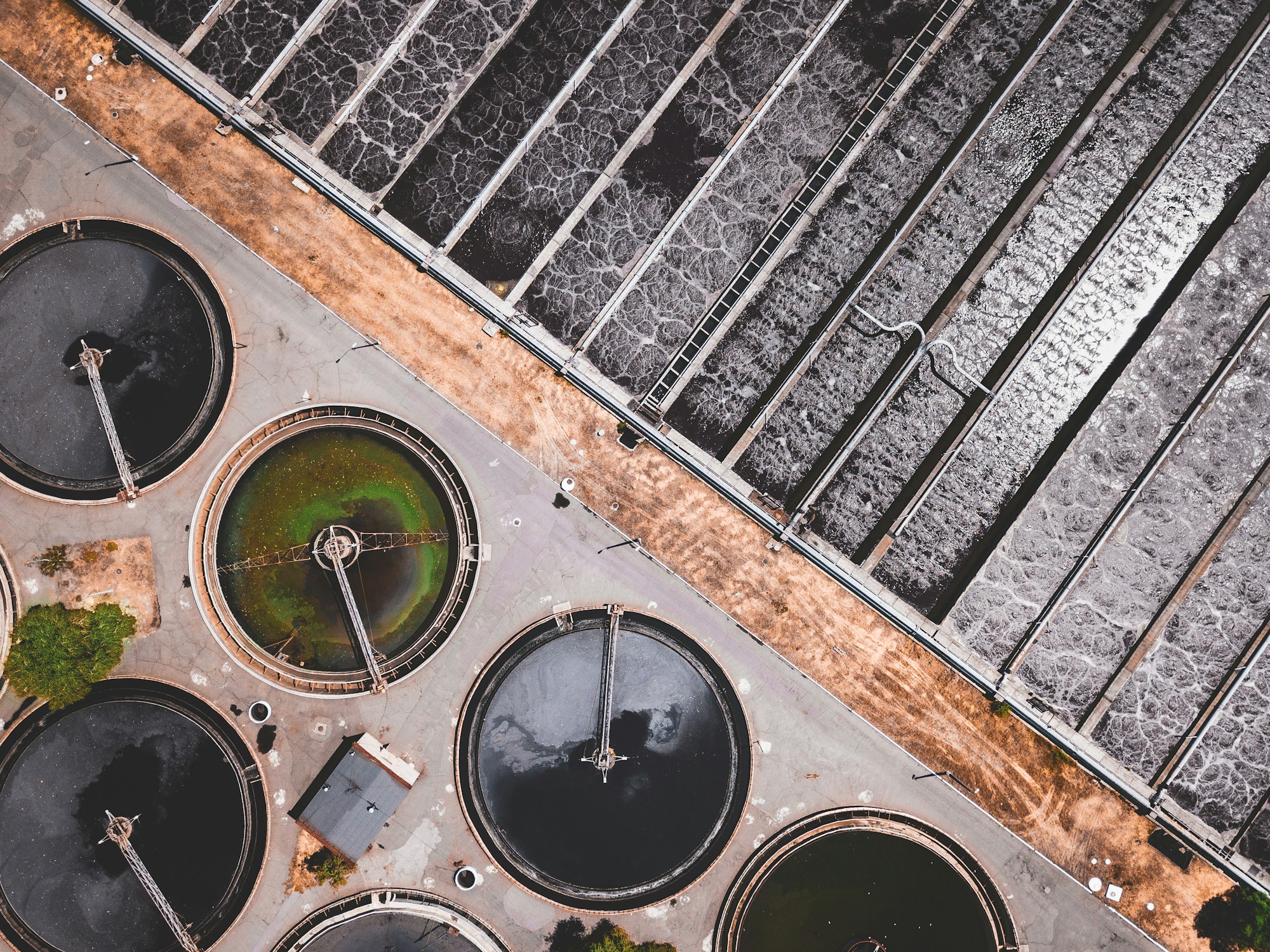 Aerial view of water treatment tanks